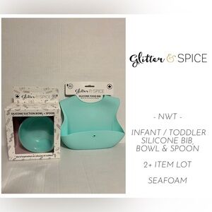 🆕GLITTER & SPICE - NWT - 2+PCS -SEAFOAM SILICONE BIB BOWL AND SPOON MEALTIME LOT